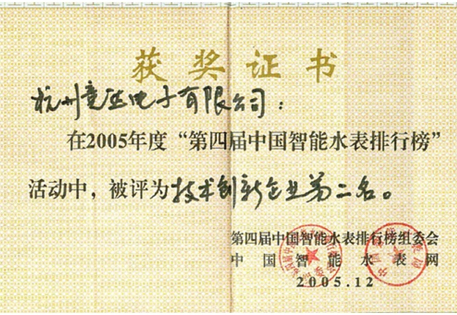 智能水表獲獎(jiǎng)證書(shū)
