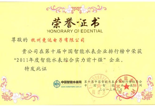 智能水表綜合實(shí)力前十強(qiáng)榮譽(yù)證書(shū)